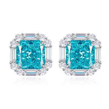 Inlaid 2.3ct sea blue 6 * 6mm ice flower cut stud earrings women's S925 sterling silver sugar cube earrings high carbon diamond silver jewelry