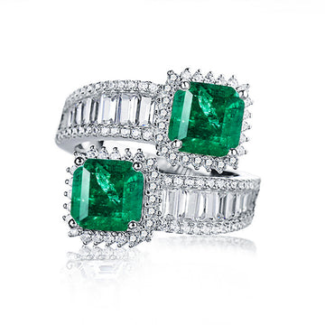 New 7 * 7 Square Paraiba Tourmaline Double Arm S925 Sterling Silver Ring Women's European and American ins Light Luxury Jewelry