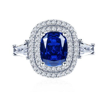 6 * 8 fat rectangular 1.4ct artificial sapphire sterling silver ring women's European and American cross-border light luxury high-end colored jewelry