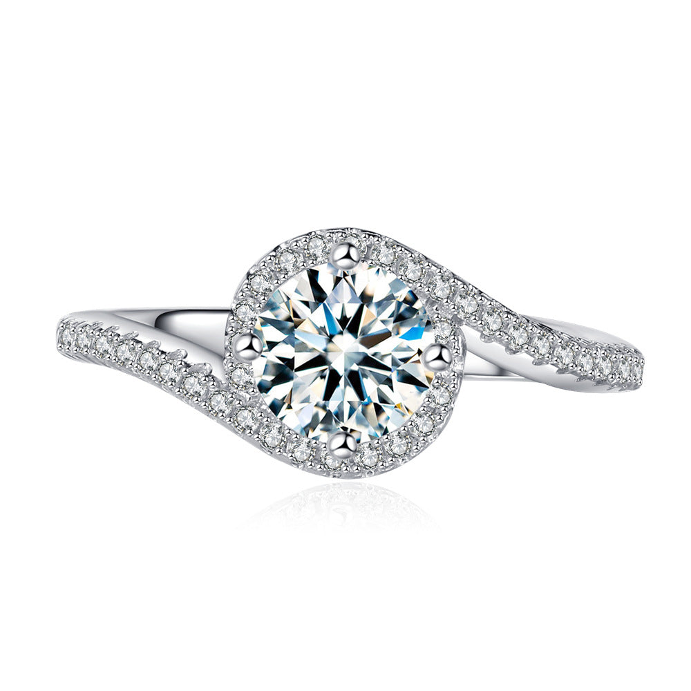 Micro-inlaid diamond button arm round bag inlaid with 6mm round 80 points mozzarella diamond S925 sterling silver ring women's fashion ins style