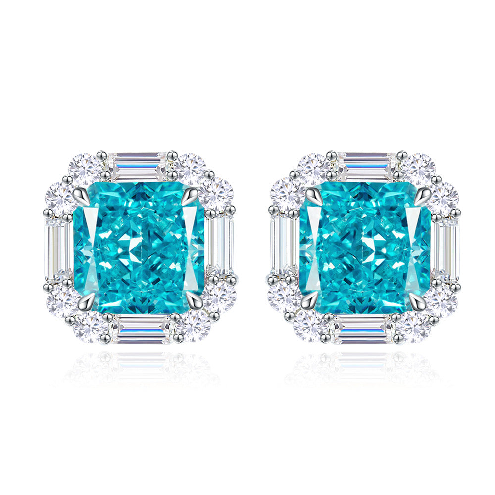 Inlaid 2.3ct sea blue 6 * 6mm ice flower cut stud earrings women's S925 sterling silver sugar cube earrings high carbon diamond silver jewelry