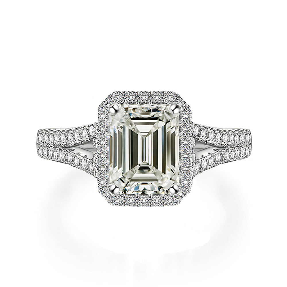 2 carat emerald cut 6 * 8 rectangular circumference mozzarella diamond ring women's 925 silver D color moissanite ring cross-border
